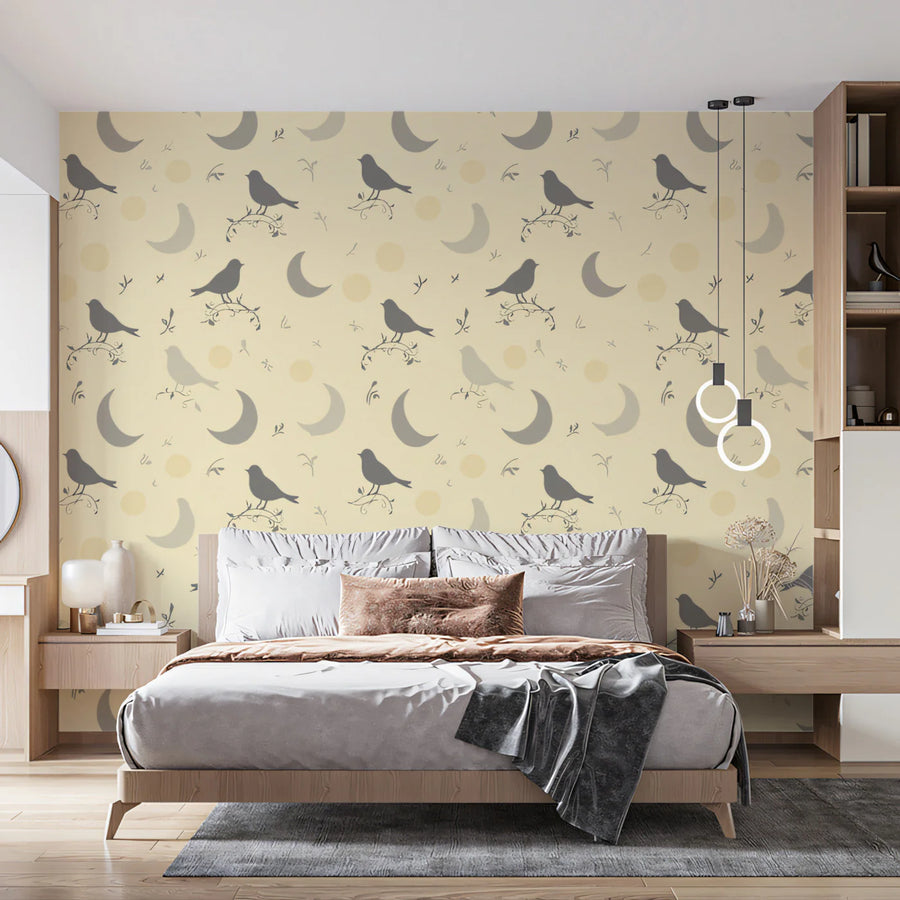 Birds and Moons Mural Wallpaper — Soft Yellow Graphic Design Mural Wallpaper