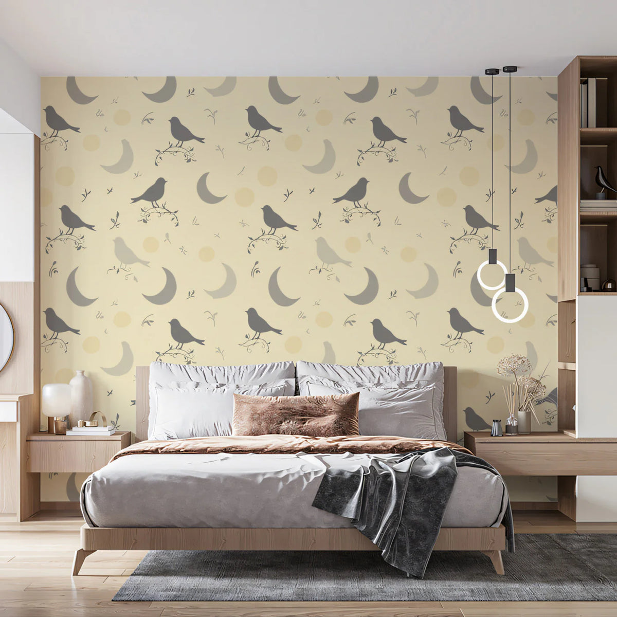 Birds and Moons Mural Wallpaper — Soft Yellow Graphic Design Mural Wallpaper - pure wallpaper artwork