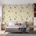 Birds and Moons Mural Wallpaper — Soft Yellow Graphic Design Mural Wallpaper - pure wallpaper artwork