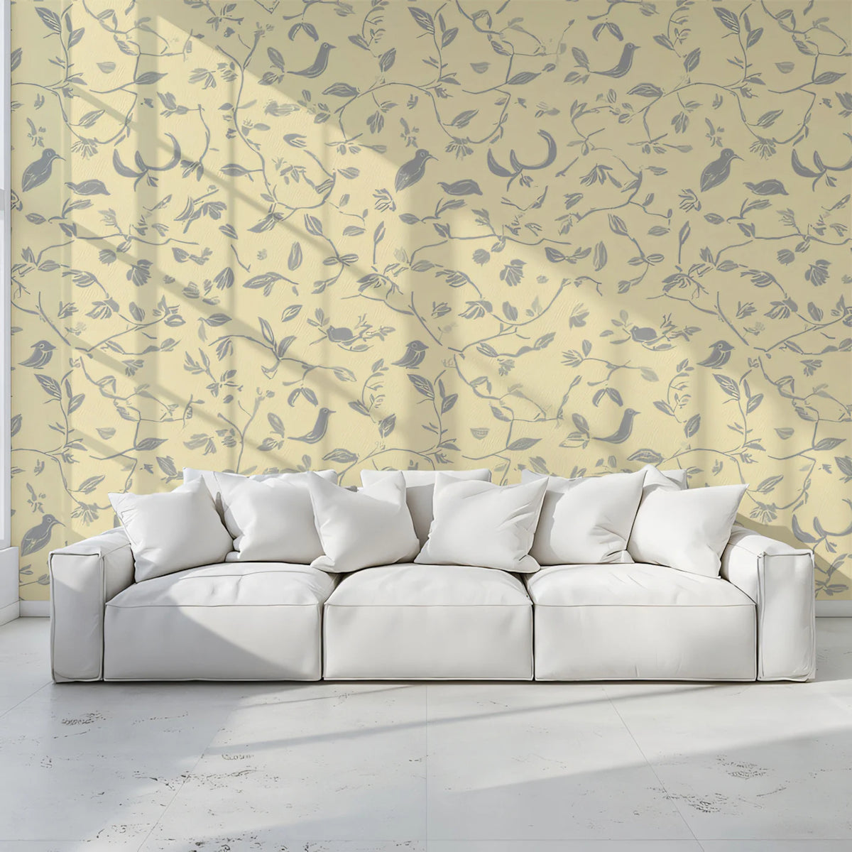 Garden Bird and Willow Branch Mural Wallpaper in Lemon Yellow Mural Wallpaper - pure wallpaper artwork