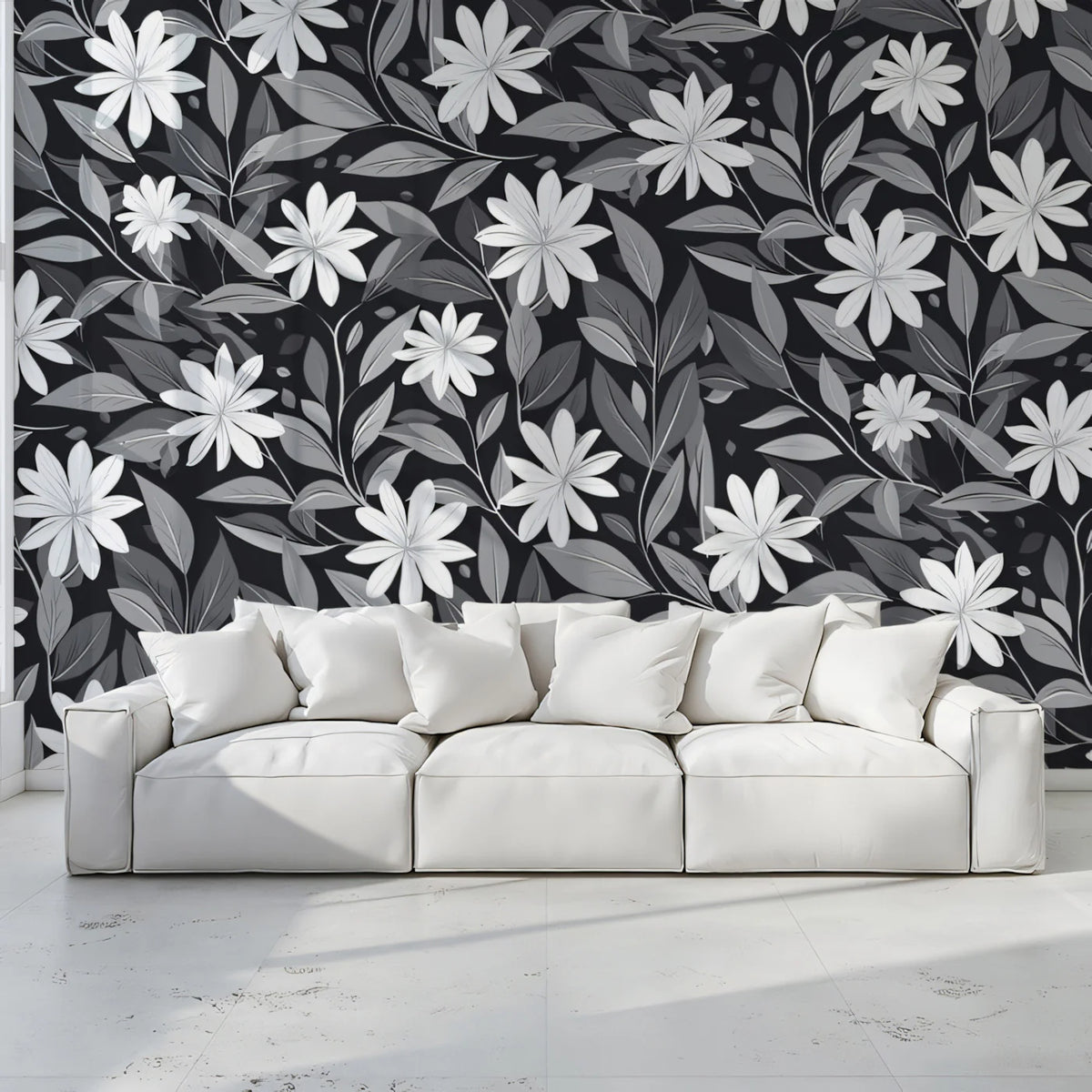Monochrome Wildflower Mural Wallpaper — Botanical Line Art Mural Wallpaper - pure wallpaper artwork