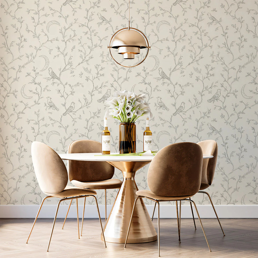 Crescent Moon and Bird Branch Mural Wallpaper — Cream and Charcoal Mural Wallpaper