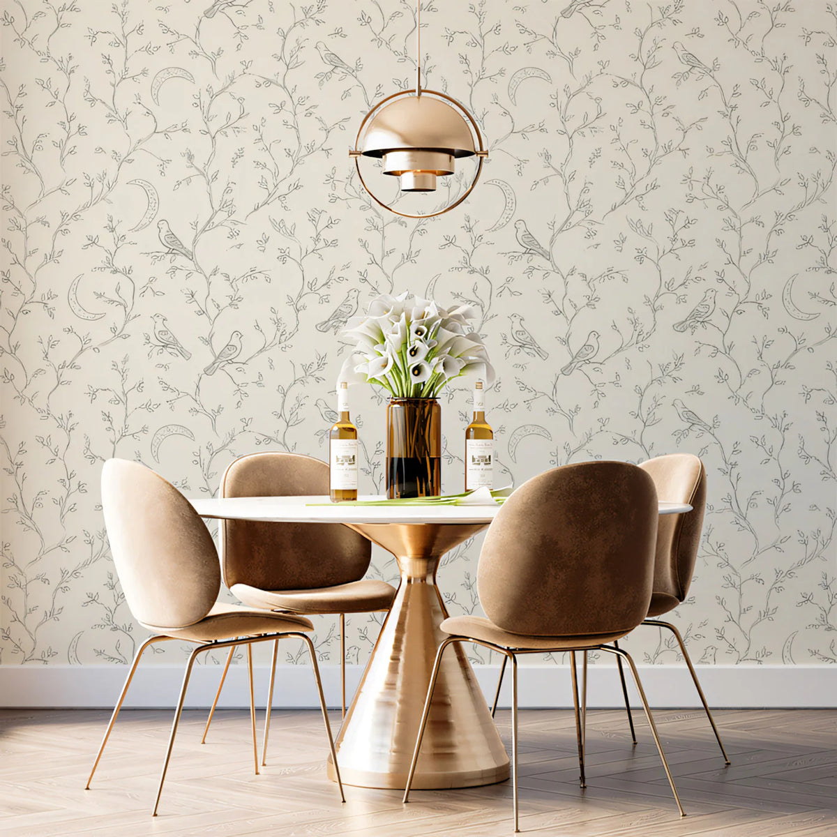 Crescent Moon and Bird Branch Mural Wallpaper — Cream and Charcoal Mural Wallpaper - pure wallpaper artwork