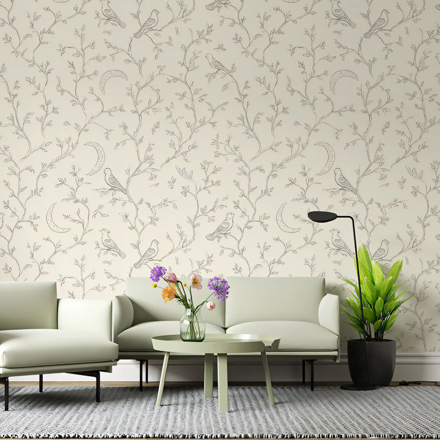 Crescent Moon and Perched Bird Mural Wallpaper — Line Art Design Mural Wallpaper