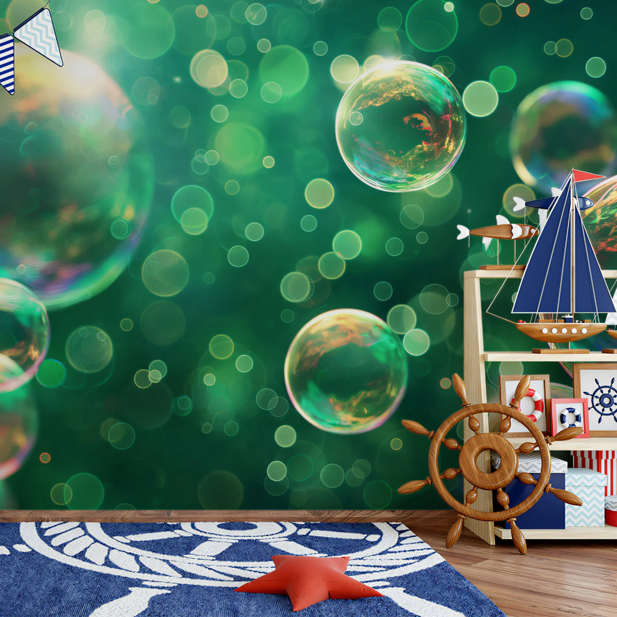 Iridescent Bubble Bokeh Mural Wallpaper — Ethereal Green Glow Mural Wallpaper - pure wallpaper artwork