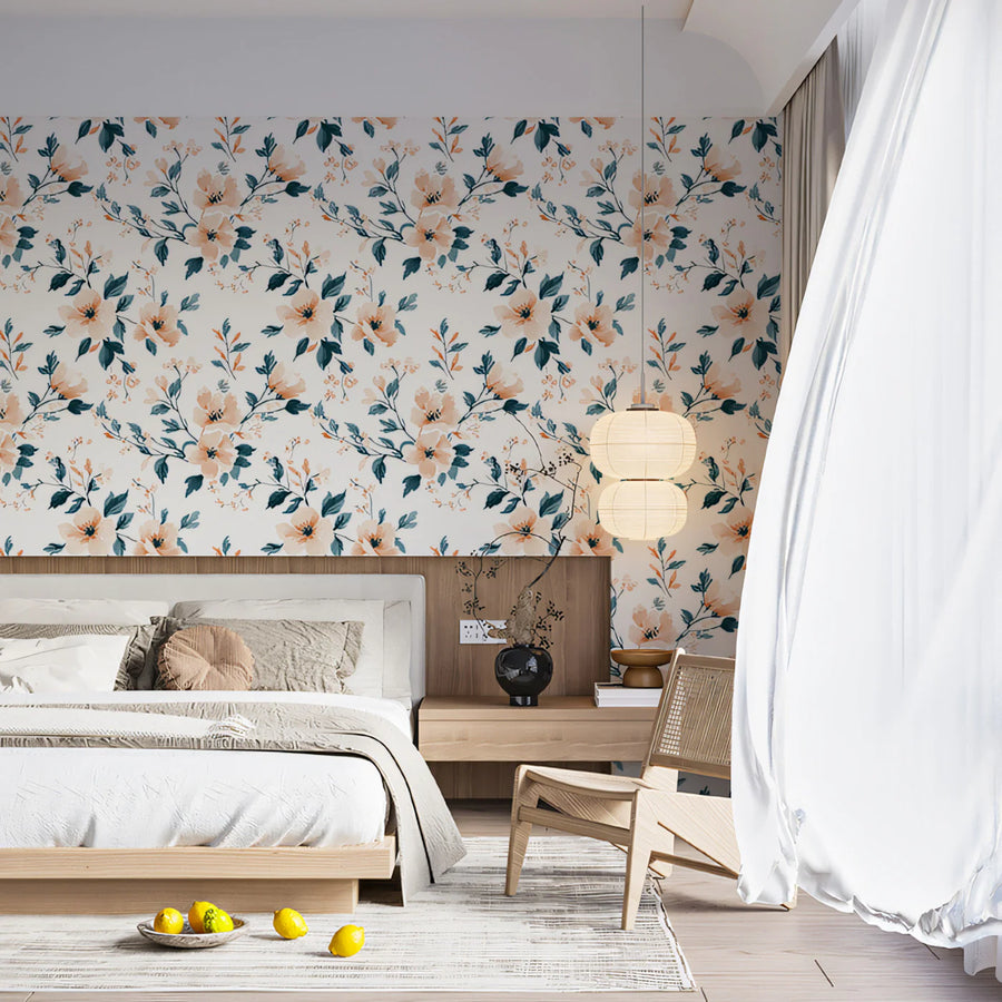 Blossoming Branch Mural Wallpaper in Peach and Slate Blue Mural Wallpaper