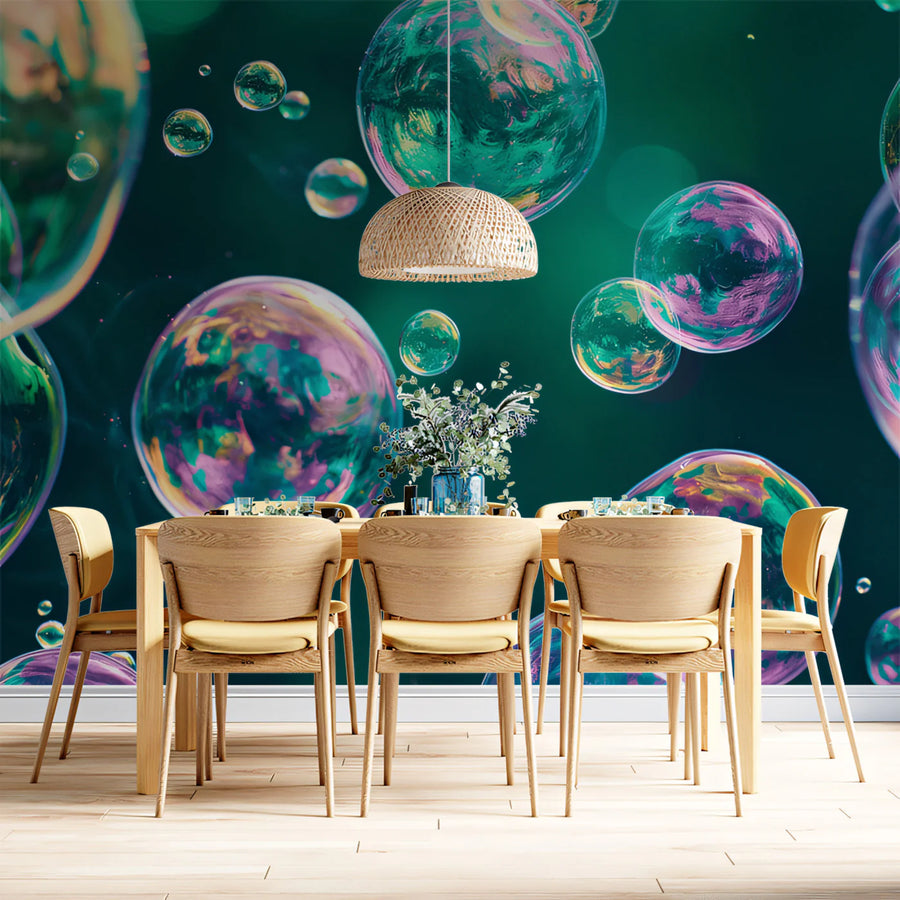 Iridescent Bubble Mural Wallpaper — Deep Teal Circular Pattern Mural Wallpaper