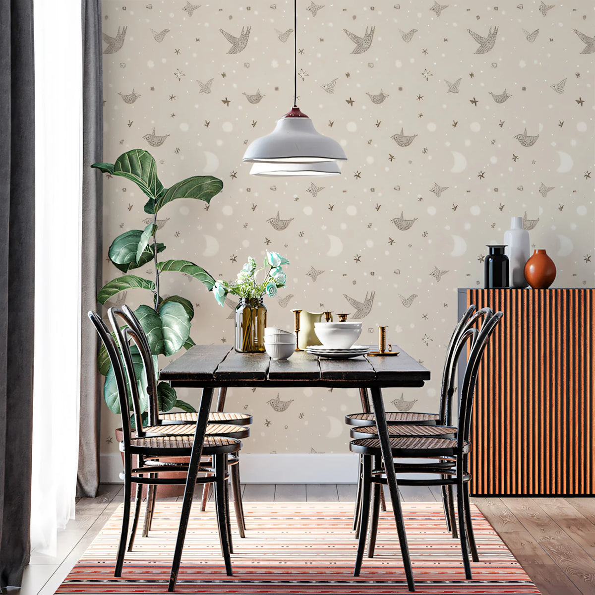 Celestial Bird and Moon Mural Wallpaper —Soft Whimsical Design Mural Wallpaper - pure wallpaper artwork