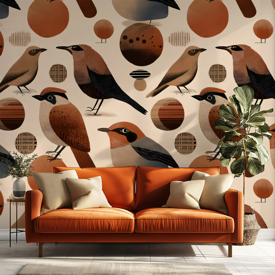 Modern Folk Bird Mural Wallpaper — Abstract Earthy Pattern Mural Wallpaper