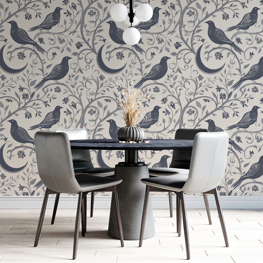 Crescent Moon & Perched Bird Mural Wallpaper —Monochromatic Sketch Mural Wallpaper