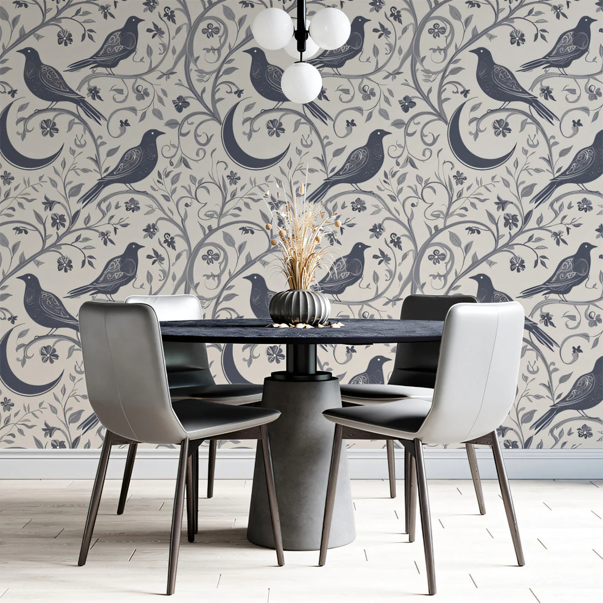Crescent Moon & Perched Bird Mural Wallpaper —Monochromatic Sketch Mural Wallpaper - pure wallpaper artwork