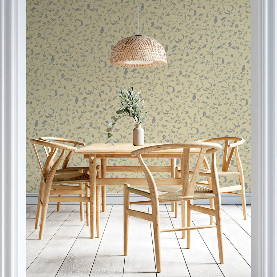 Celestial Bird and Moon Micro-Pattern Mural Wallpaper