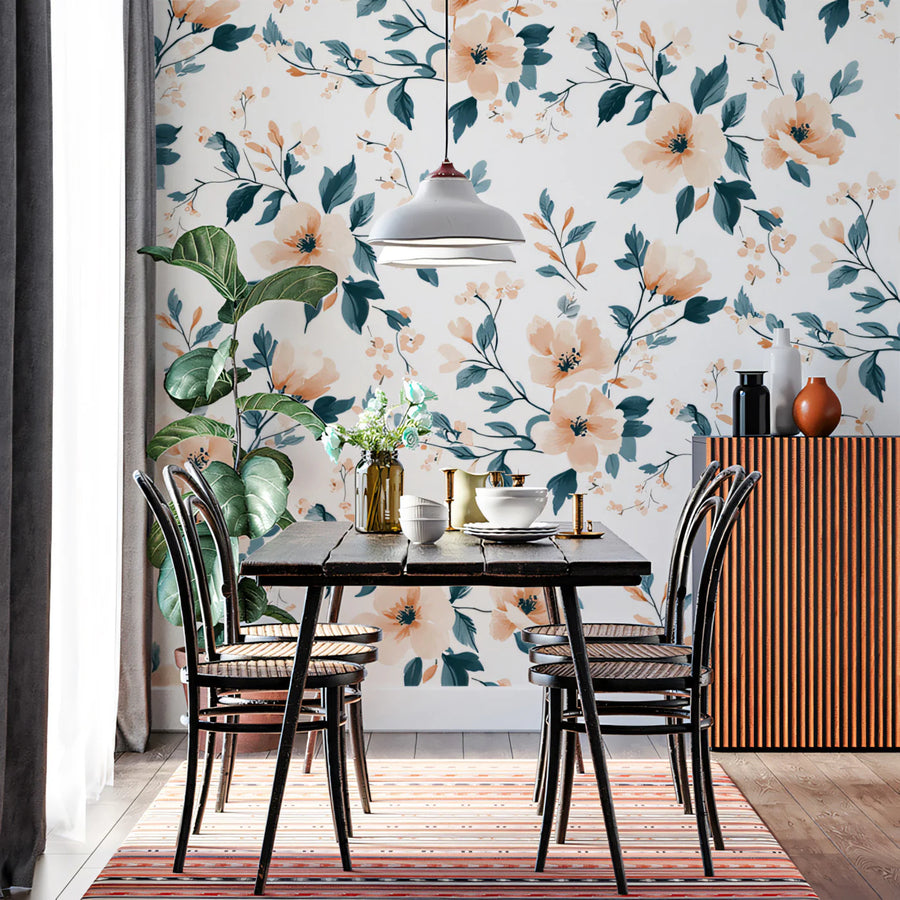 Watercolor Floral Mural Wallpaper in Peach and Teal Mural Wallpaper