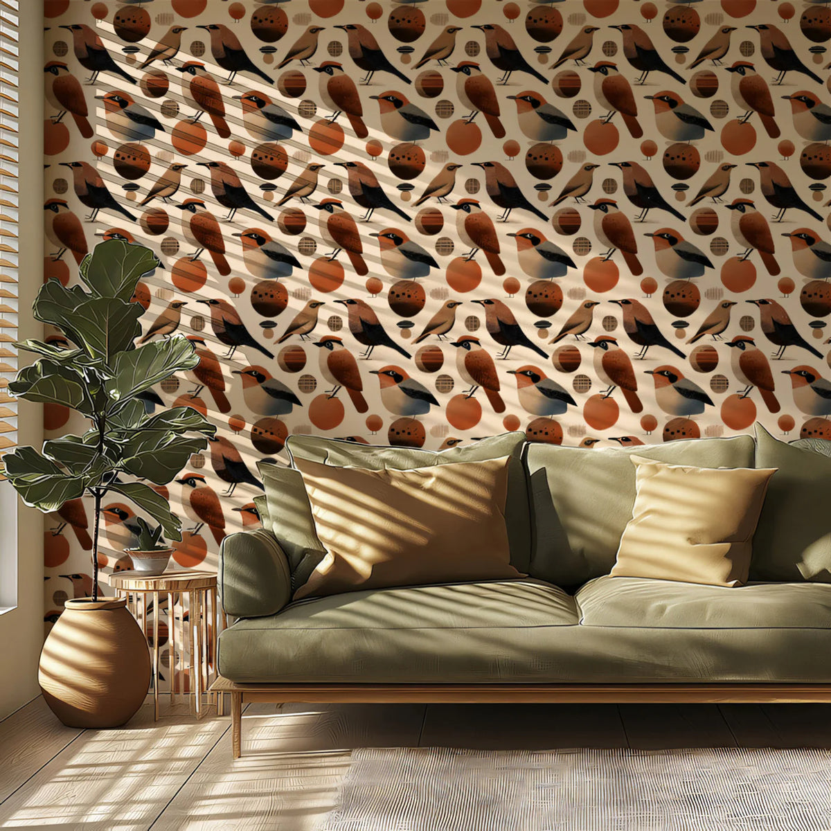 Folk Bird and Circle Mural Wallpaper — Whimsical Earthy Pattern Mural Wallpaper - pure wallpaper artwork