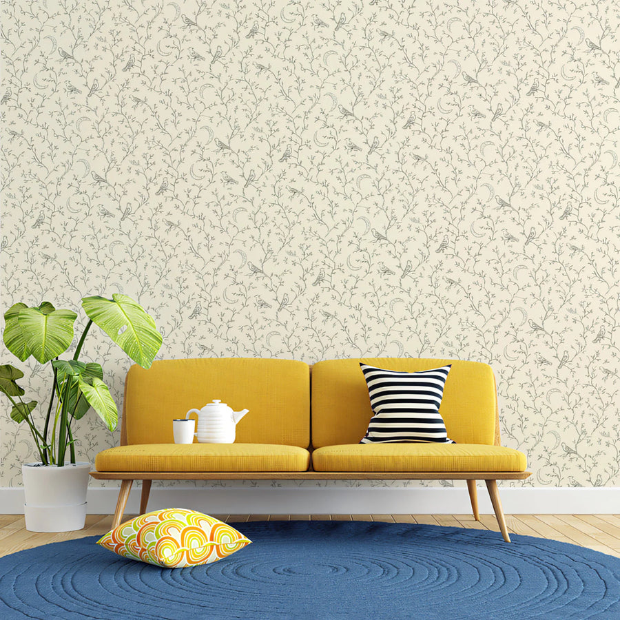 Crescent Moon and Songbird Mural Wallpaper — Vintage Line Art Mural Wallpaper