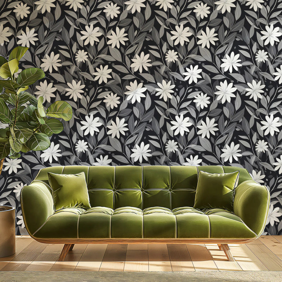 Monochrome Wildflower Garden Mural Wallpaper — Classic Floral Print Mural Wallpaper