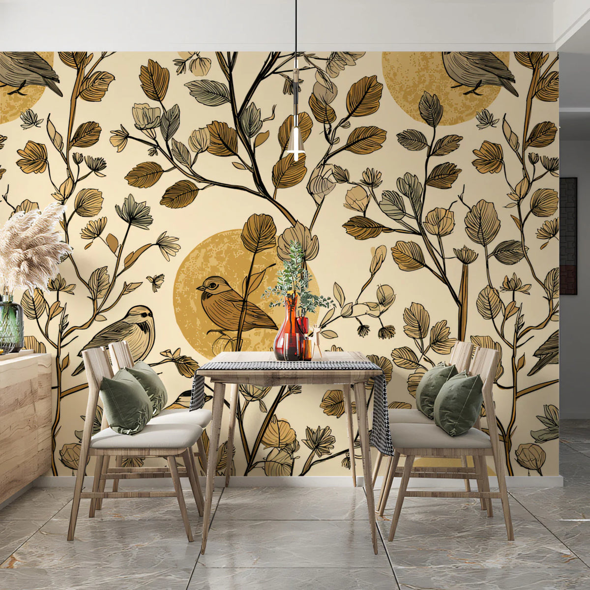 Sketchy Botanical Bird Mural Wallpaper in Earthy Ochre Tones Mural Wallpaper - pure wallpaper artwork