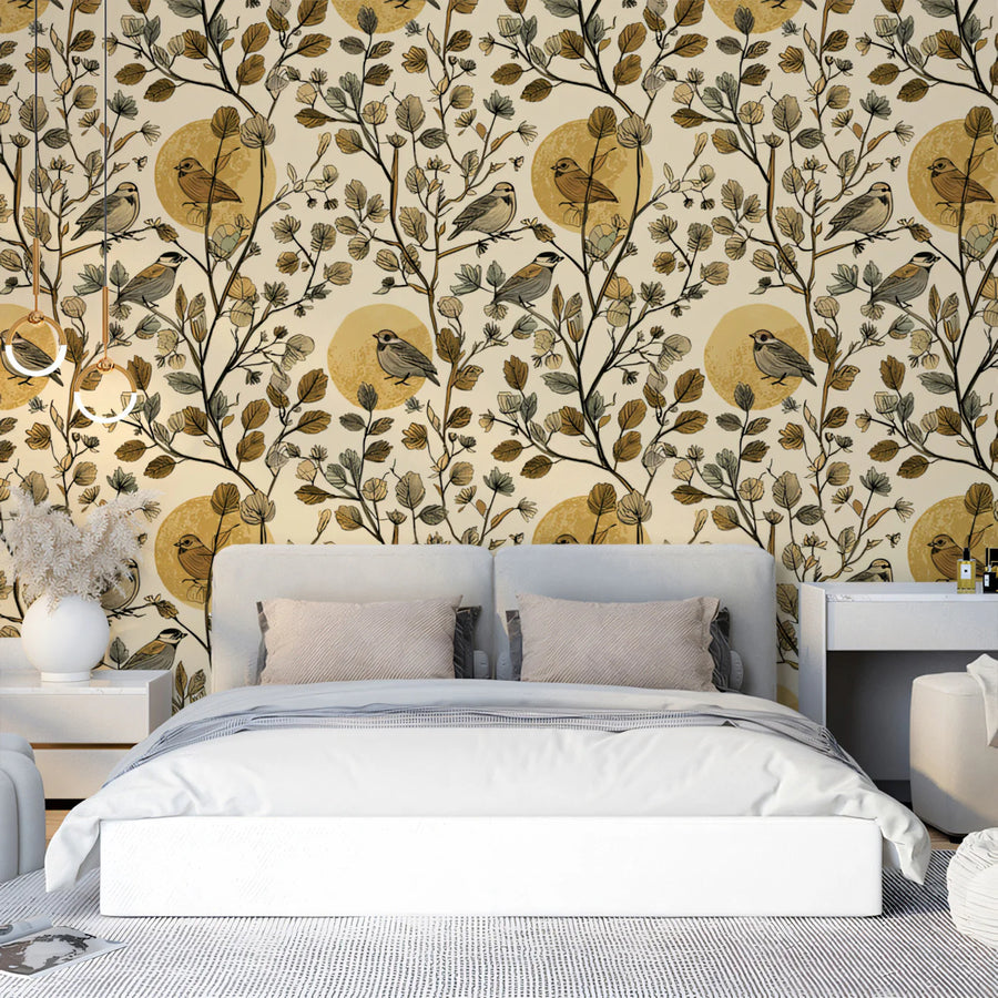 Autumnal Bird and Branch Mural Wallpaper in Golden Ochre Mural Wallpaper