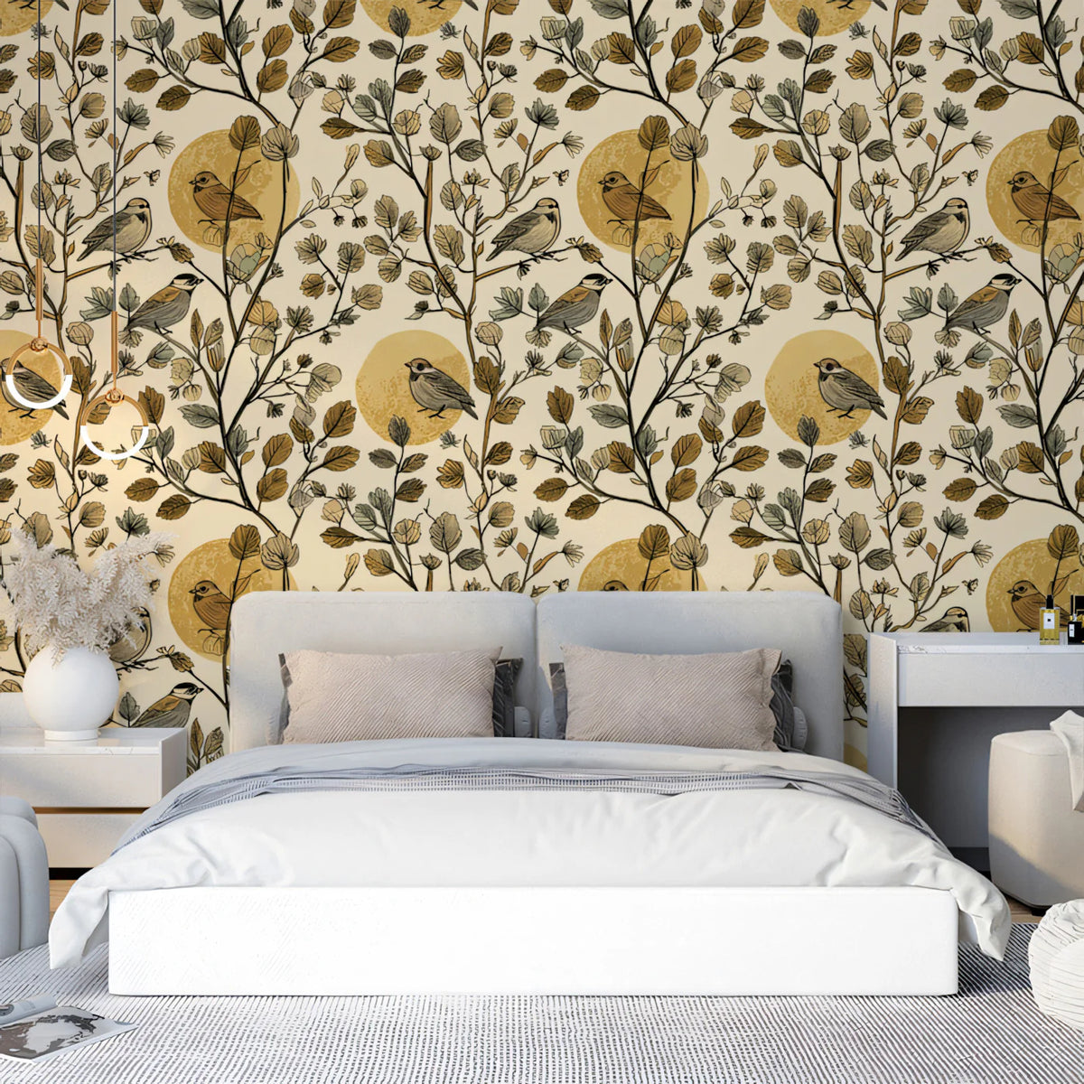 Autumnal Bird and Branch Mural Wallpaper in Golden Ochre Mural Wallpaper - pure wallpaper artwork