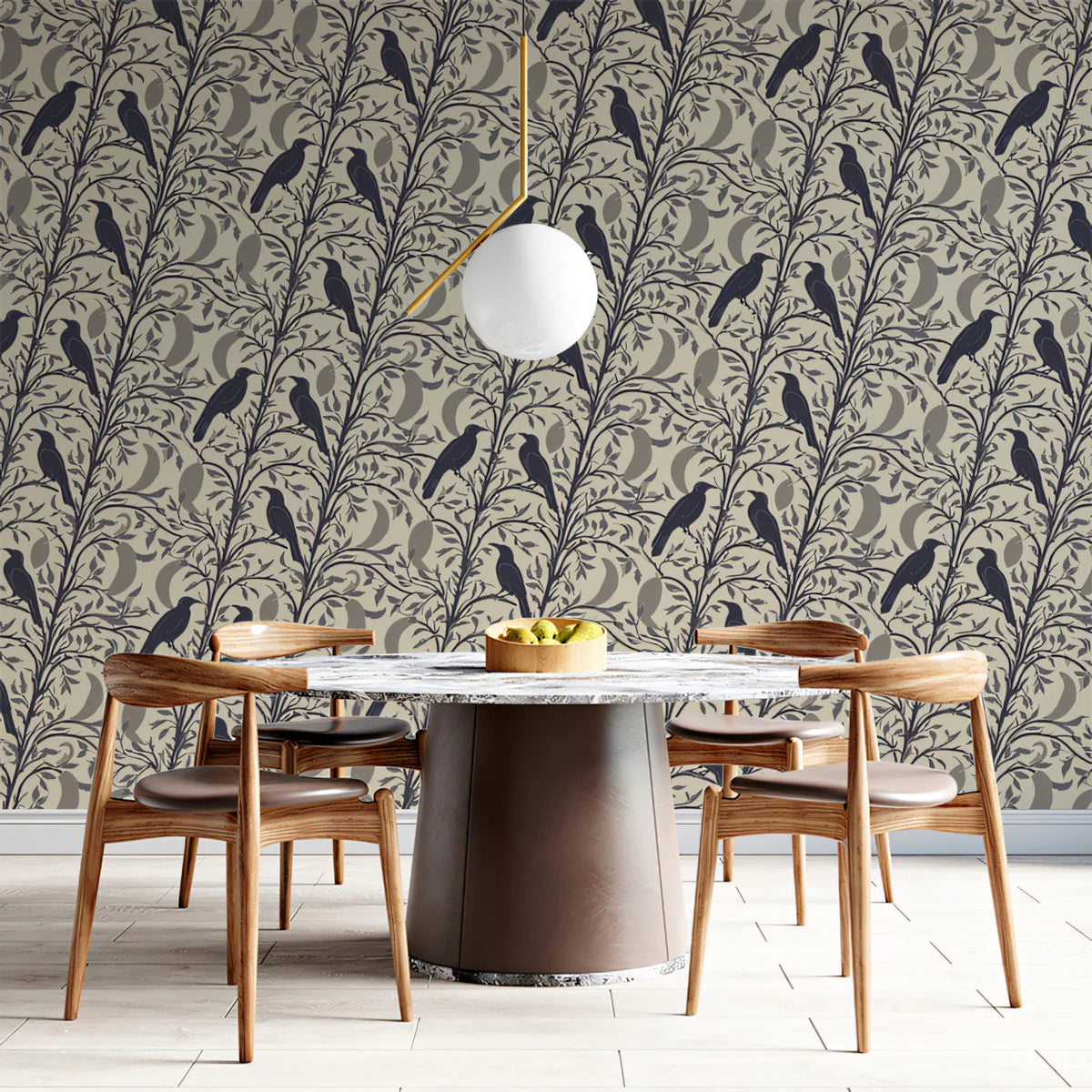 Folkloric Bird and Branch Mural Wallpaper — Dark Academia Style Mural Wallpaper - pure wallpaper artwork