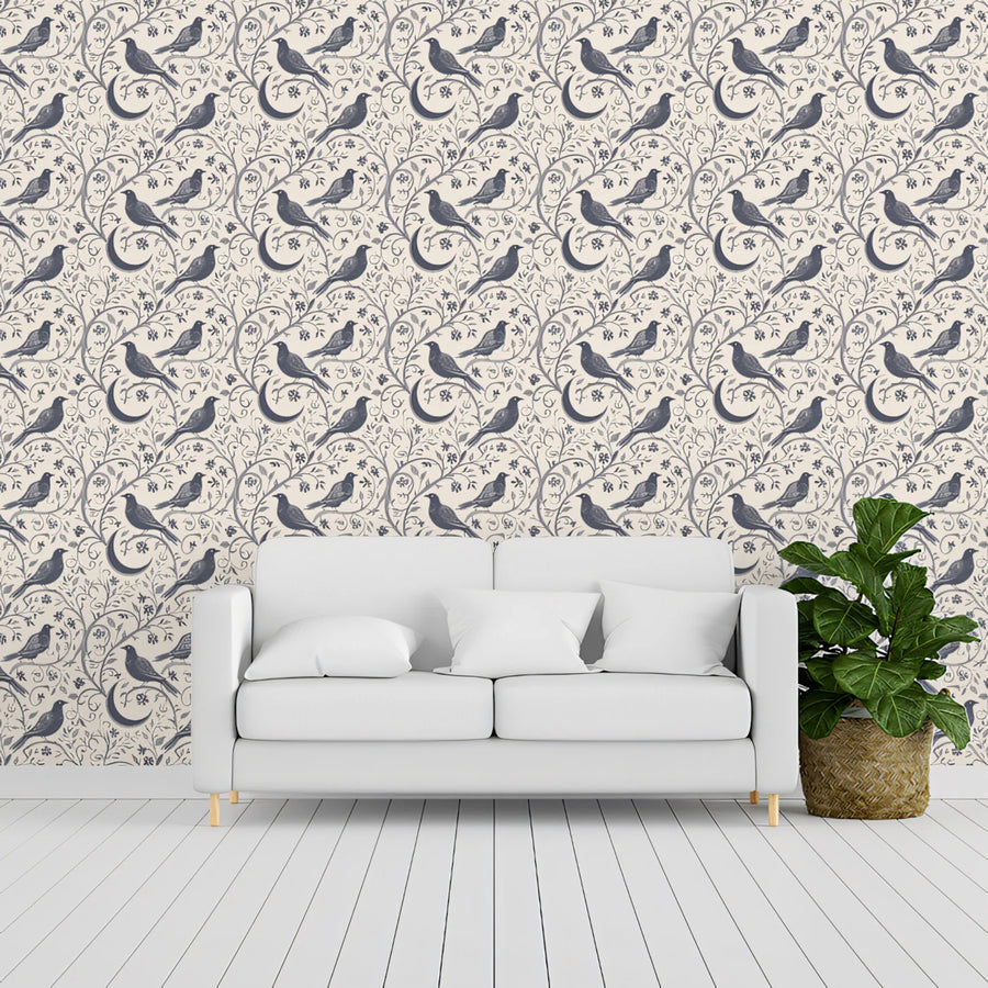 Crescent Moon and Perching Bird Mural Wallpaper —Monochromatic Mural Wallpaper