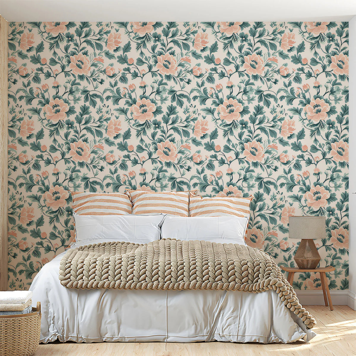 Vintage Peony Garden Mural Wallpaper — Soft Peach and Dusty Teal Mural Wallpaper - pure wallpaper artwork