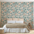 Vintage Peony Garden Mural Wallpaper — Soft Peach and Dusty Teal Mural Wallpaper - pure wallpaper artwork