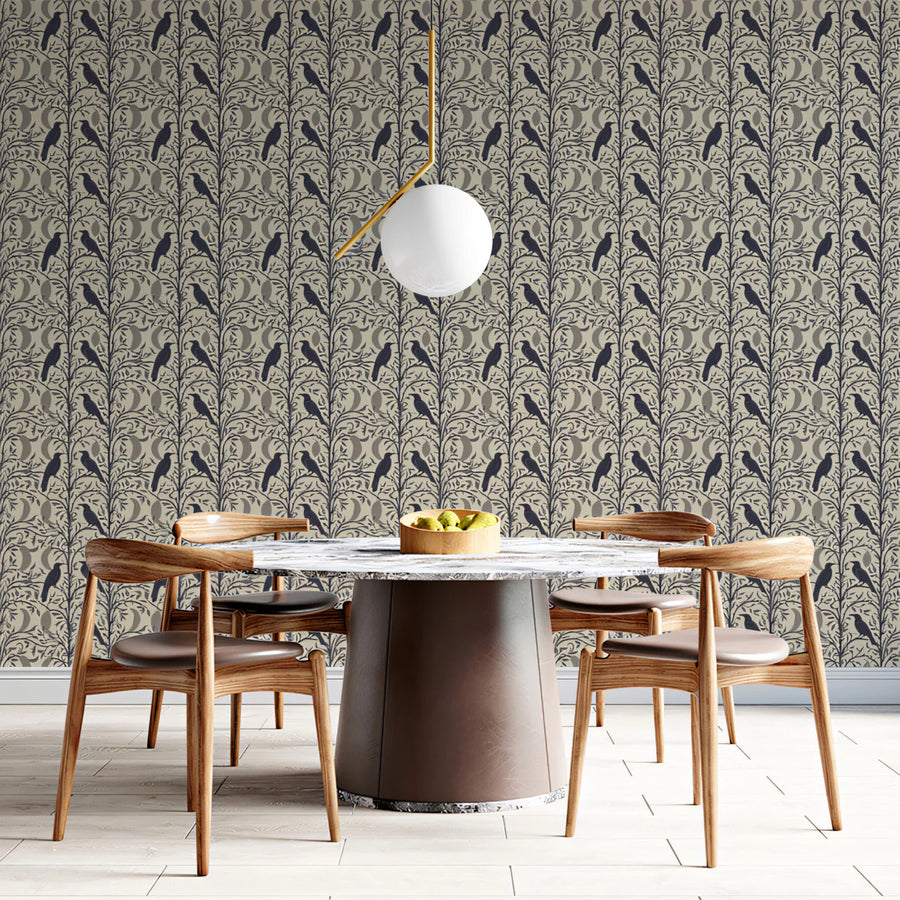 Stylized Bird and Branch Mural Wallpaper in Charcoal and Sand Mural Wallpaper