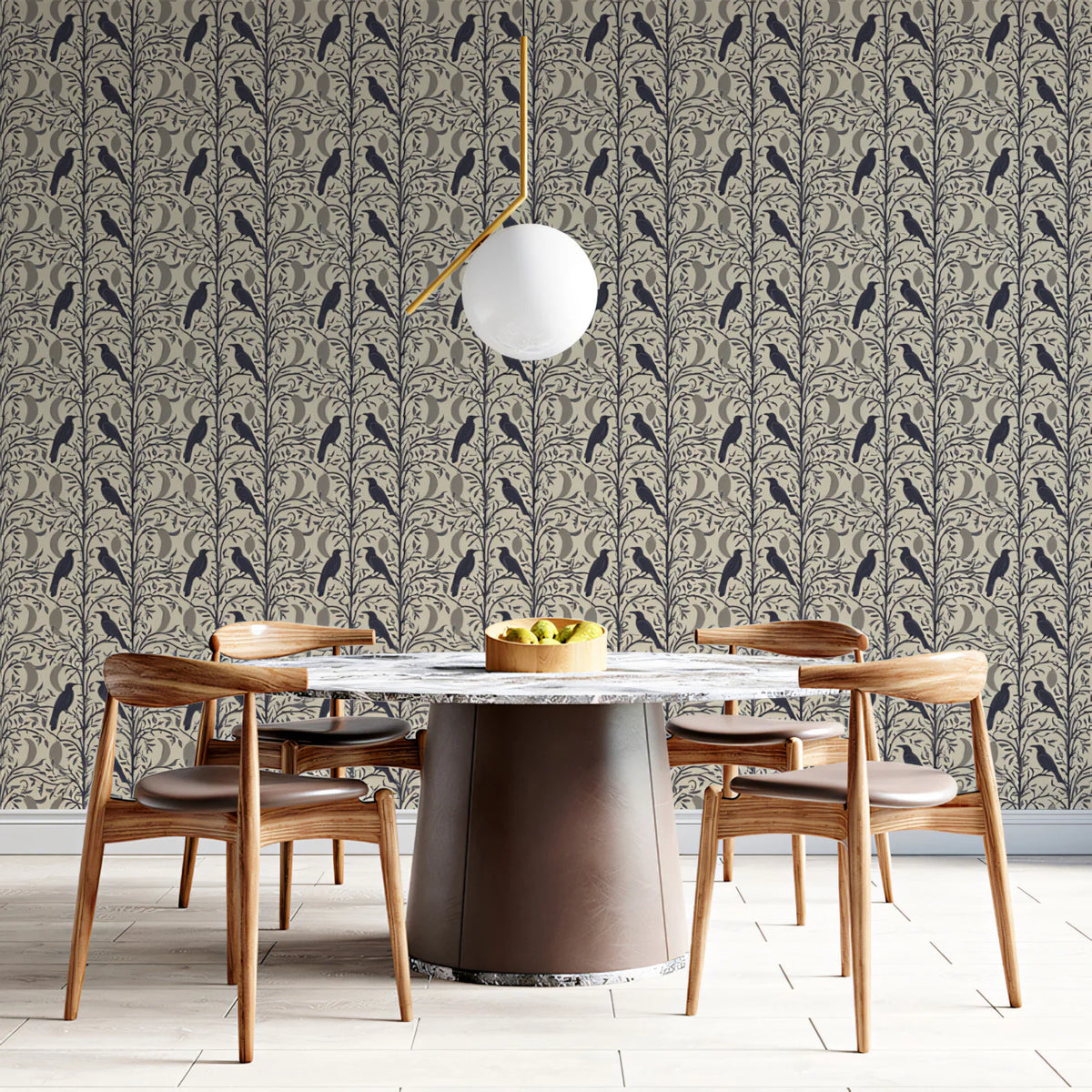 Stylized Bird and Branch Mural Wallpaper in Charcoal and Sand Mural Wallpaper - pure wallpaper artwork