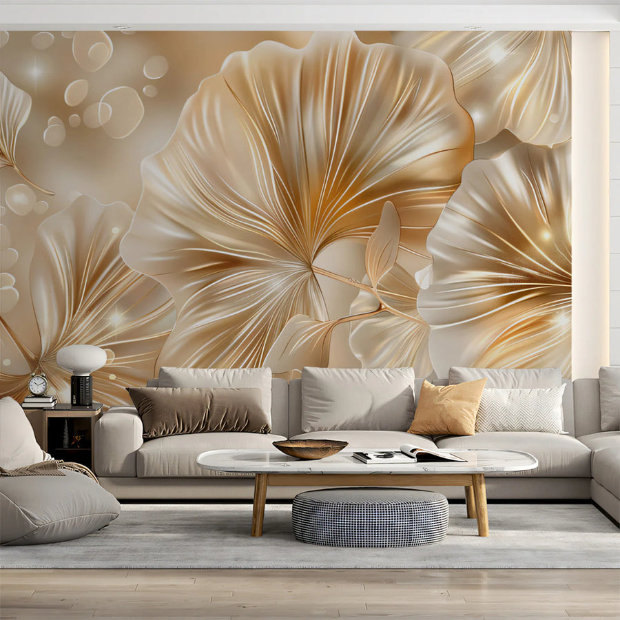 Gilded Ginkgo Leaves Mural Wallpaper — Luminous Gold Botanical Mural Wallpaper
