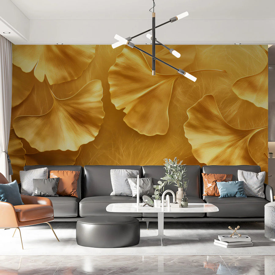 Gilded Ginkgo Leaf Mural Wallpaper — Metallic Gold Botanical Art Mural Wallpaper