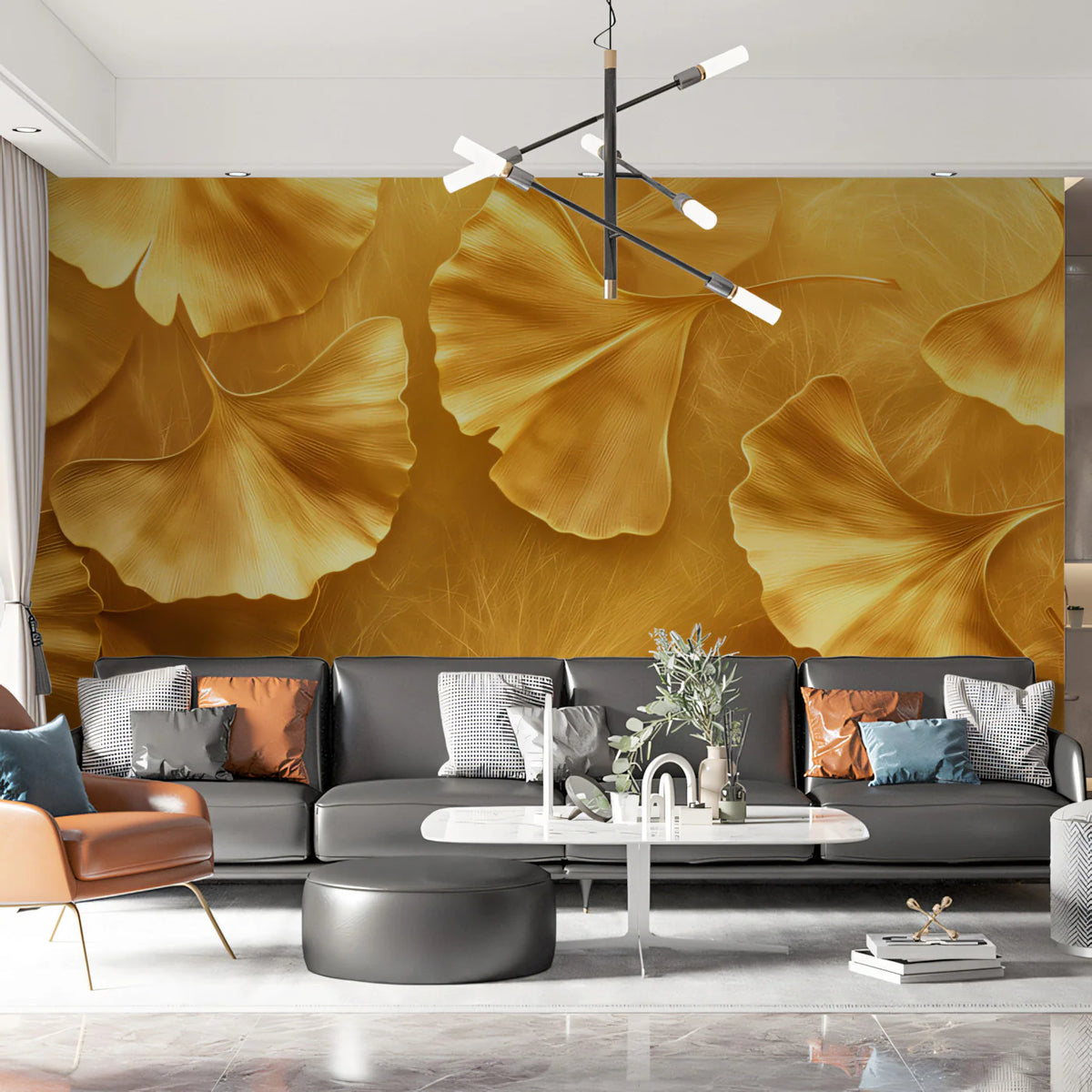 Gilded Ginkgo Leaf Mural Wallpaper — Metallic Gold Botanical Art Mural Wallpaper - pure wallpaper artwork