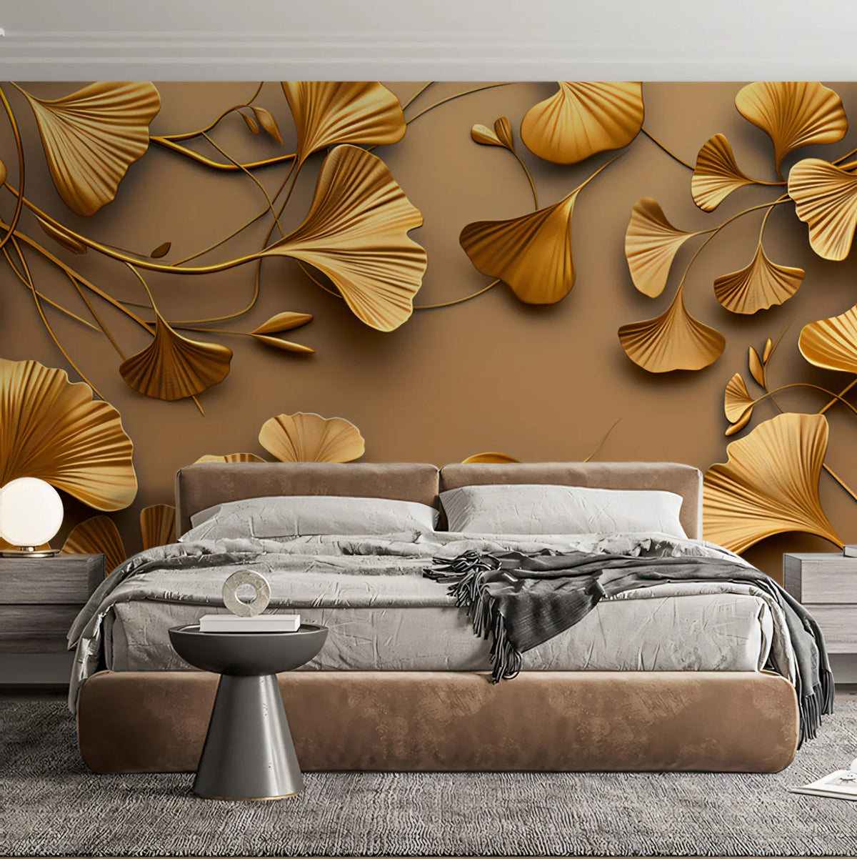 Sculptural Ginkgo Leaf Mural Wallpaper — Warm Gold and Tan Mural Wallpaper - pure wallpaper artwork