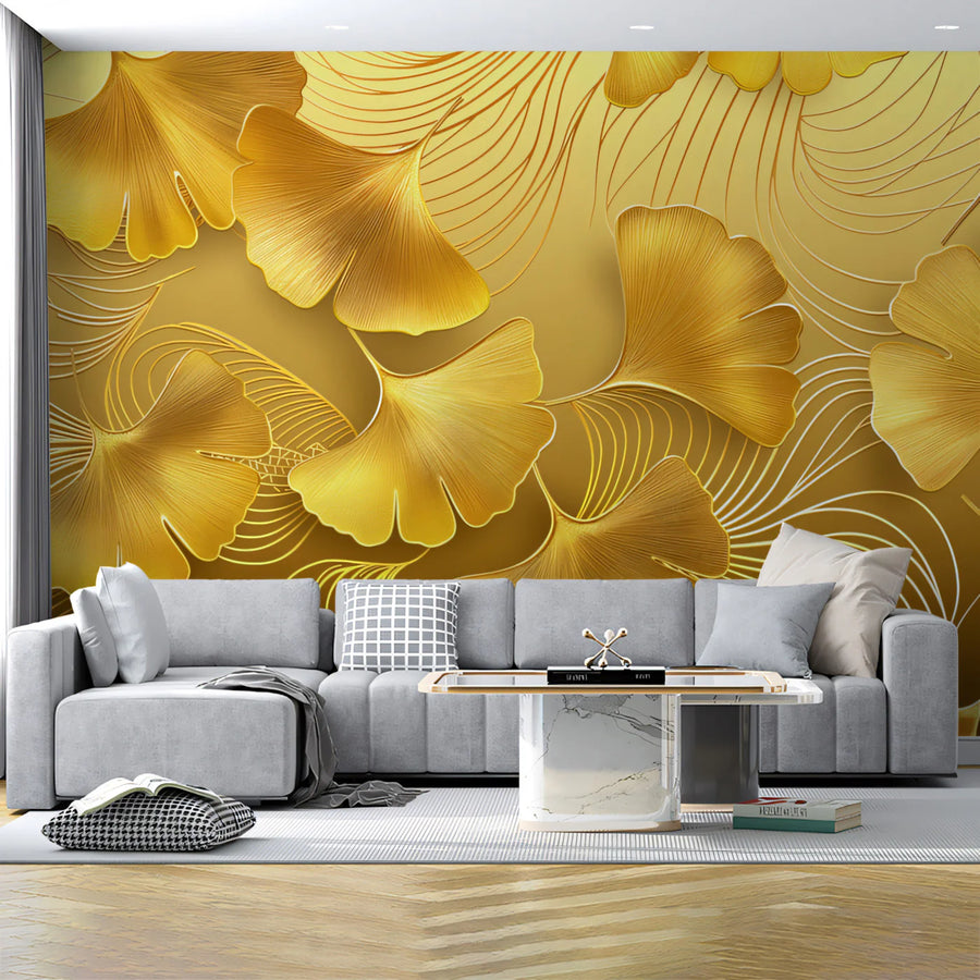 Gilded Ginkgo Leaf Mural Wallpaper — Opulent Metallic Design Mural Wallpaper