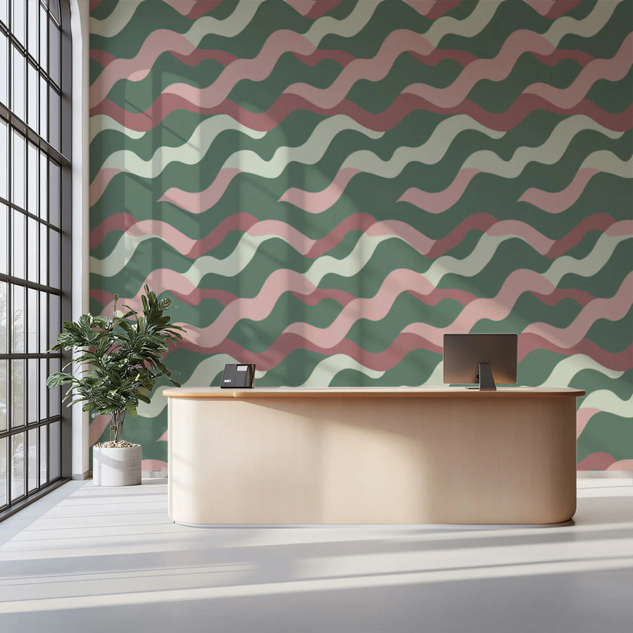 Retro Wavy Stripe Mural Wallpaper — Mid-Century Geometric Pattern Mural Wallpaper