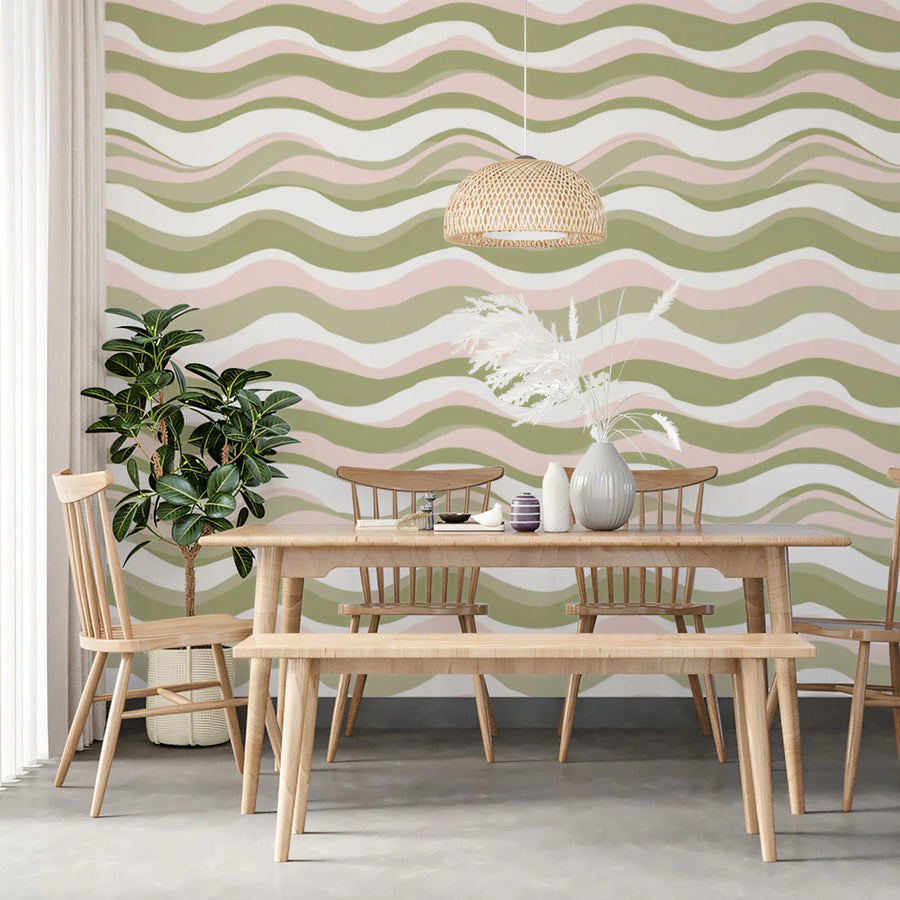 Hand-Drawn Wavy Stripe Mural Wallpaper in Sage and Blush Mural Wallpaper