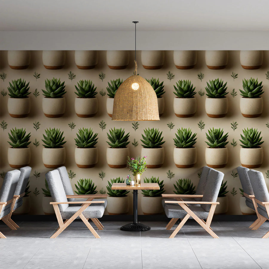 Potted Succulent Row Mural Wallpaper — Minimalist Organic Mural Wallpaper