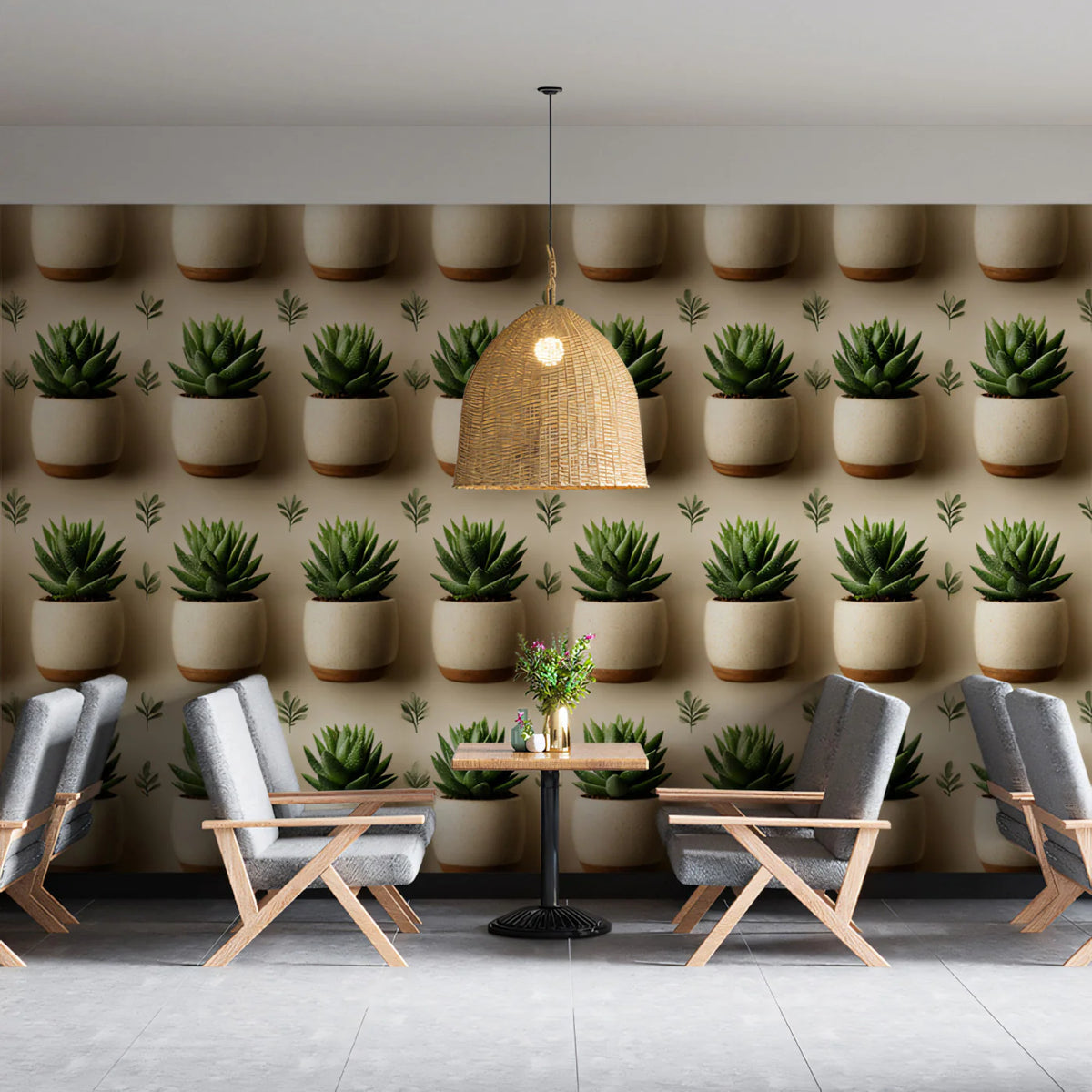 Potted Succulent Row Mural Wallpaper — Minimalist Organic Mural Wallpaper - pure wallpaper artwork