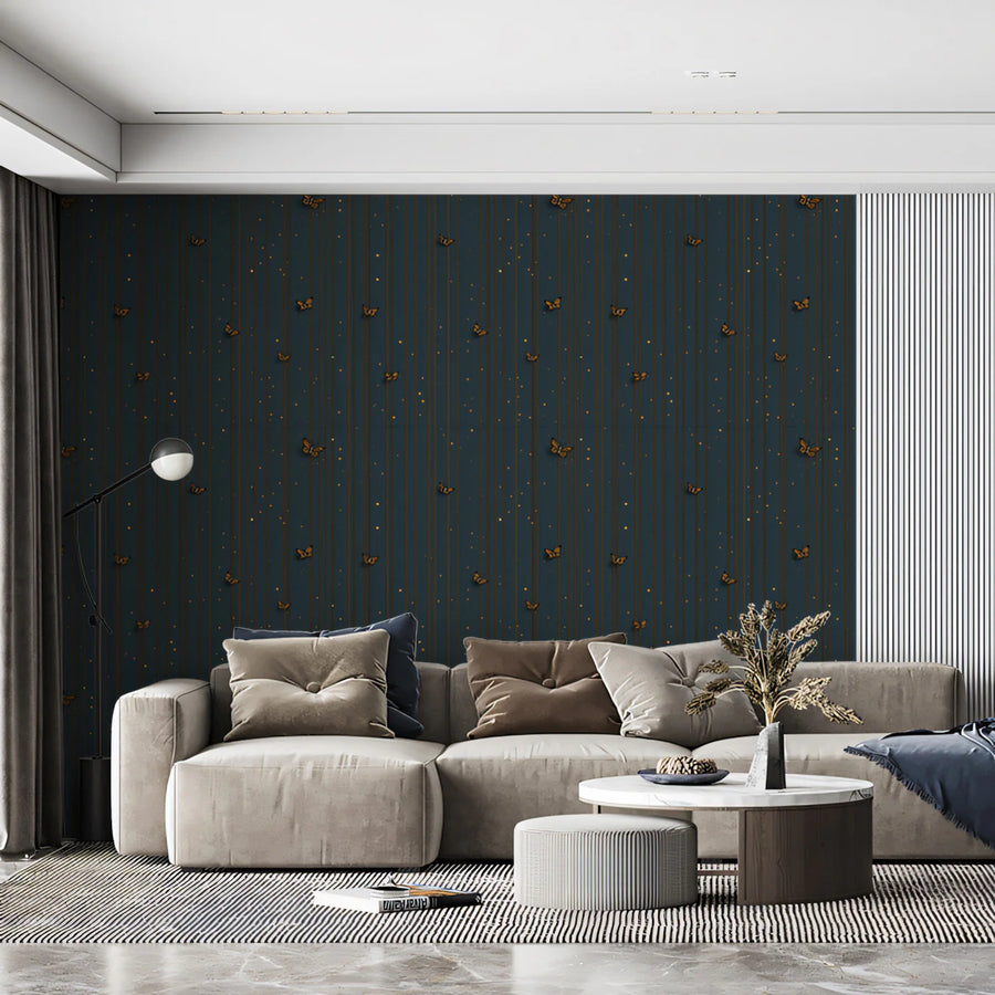 Minimalist Butterfly Mural Wallpaper — Dusty Blue and Gold Mural Wallpaper