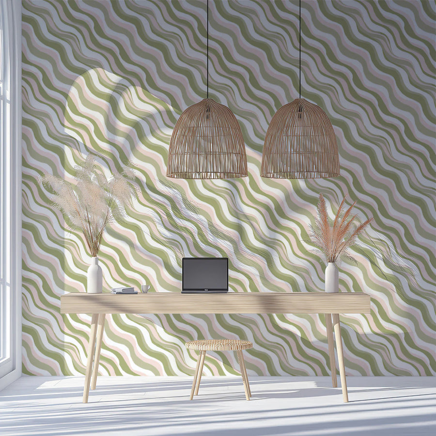 Diagonal Wavy Line Mural Wallpaper — Soft Sage and Blush Mural Wallpaper