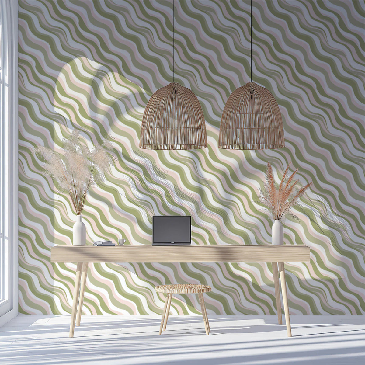 Diagonal Wavy Line Mural Wallpaper — Soft Sage and Blush Mural Wallpaper - pure wallpaper artwork