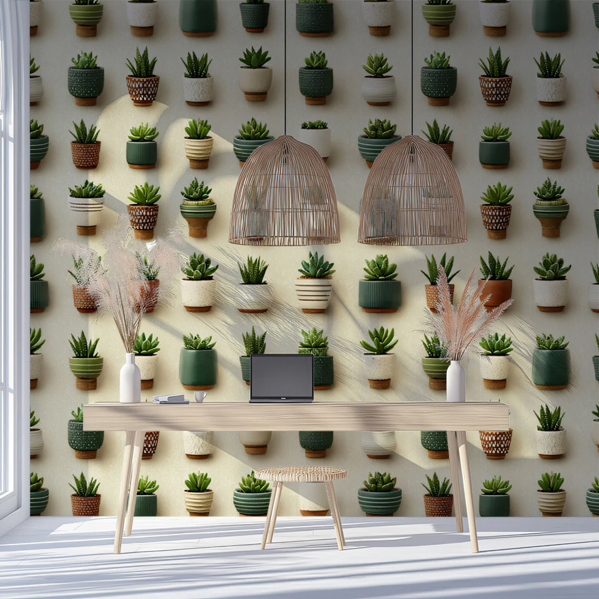 Potted Succulent Grid Mural Wallpaper — Modern Botanical Style Mural Wallpaper - pure wallpaper artwork