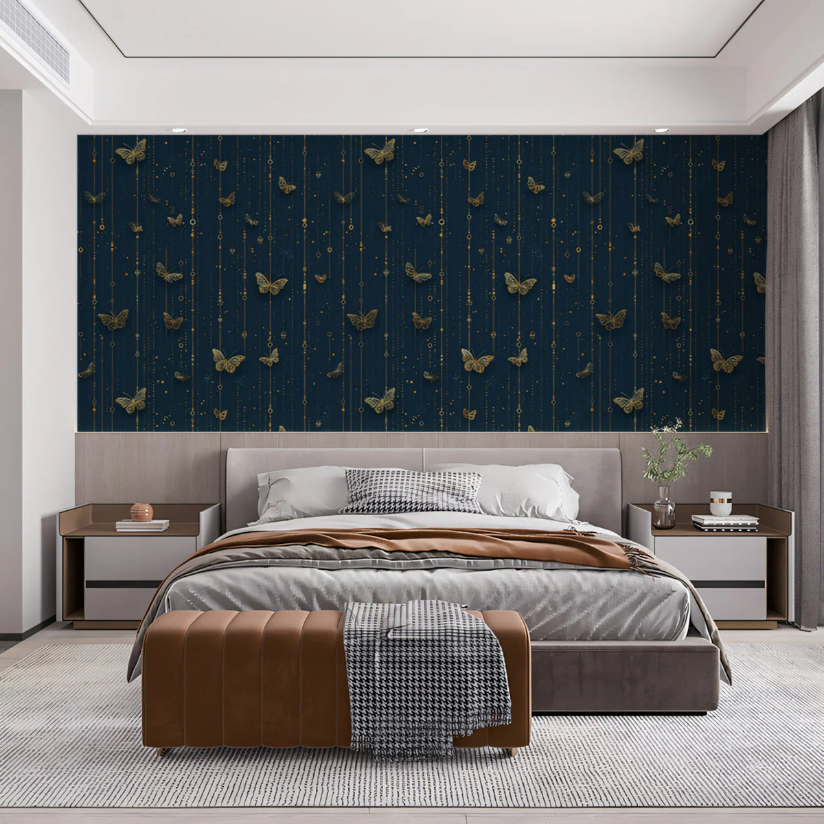 Gilded Butterfly Vertical Mural Wallpaper in Navy and Gold Mural Wallpaper - pure wallpaper artwork