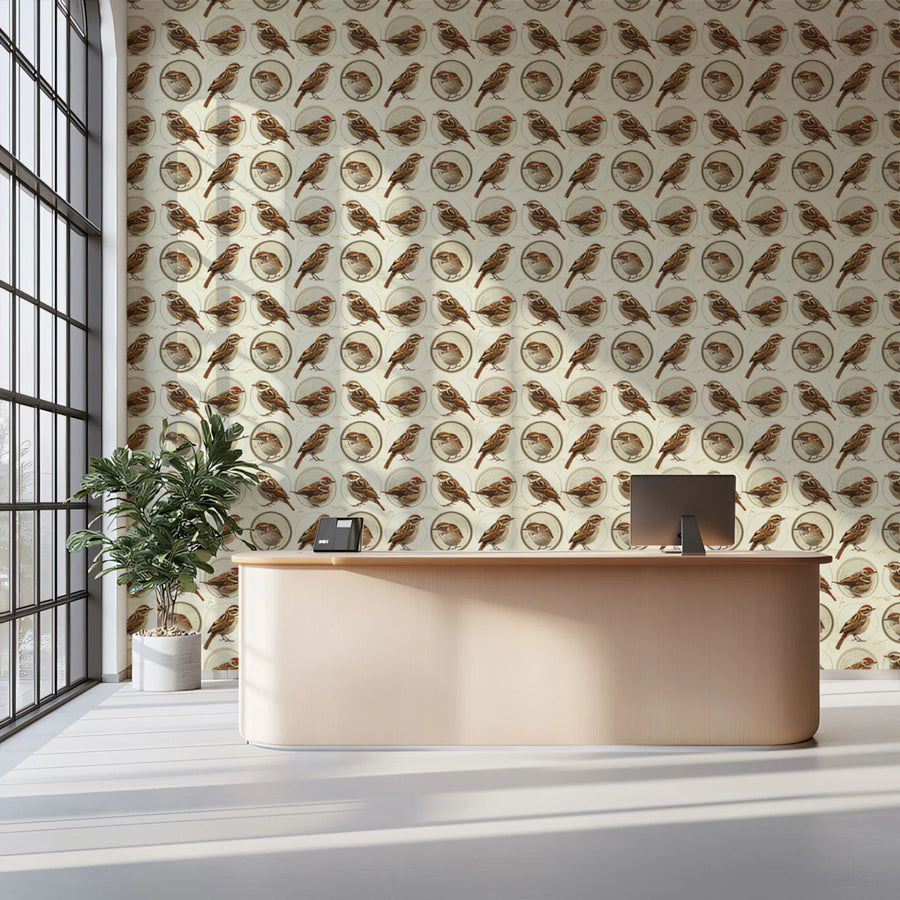 Vintage Sparrow Medallion Mural Wallpaper — Classic Bird Design Mural Wallpaper