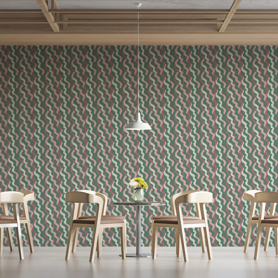Wavy Vertical Stripe Mural Wallpaper — Soft Sage and Blush Mural Wallpaper