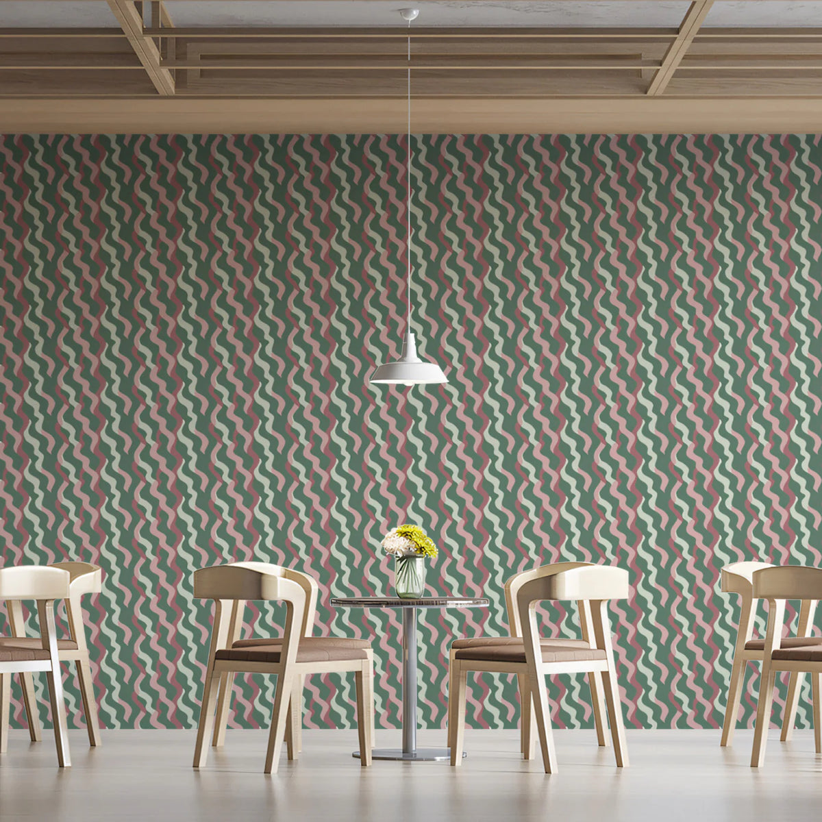 Wavy Vertical Stripe Mural Wallpaper — Soft Sage and Blush Mural Wallpaper - pure wallpaper artwork