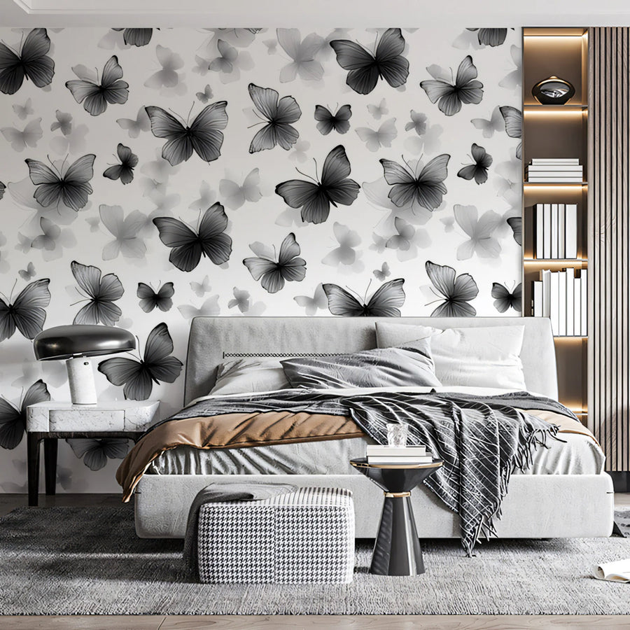 Monochrome Butterfly Flight Mural Wallpaper — Modern Minimalist Mural Wallpaper