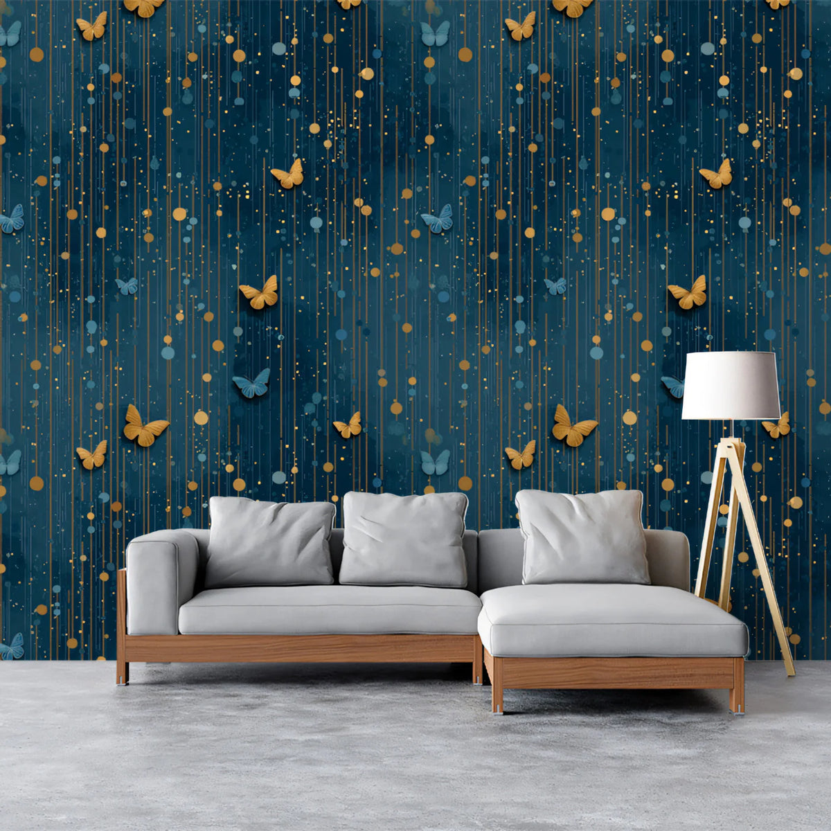 Gilded Butterfly Vertical Line Mural Wallpaper in Midnight Navy Mural Wallpaper - pure wallpaper artwork