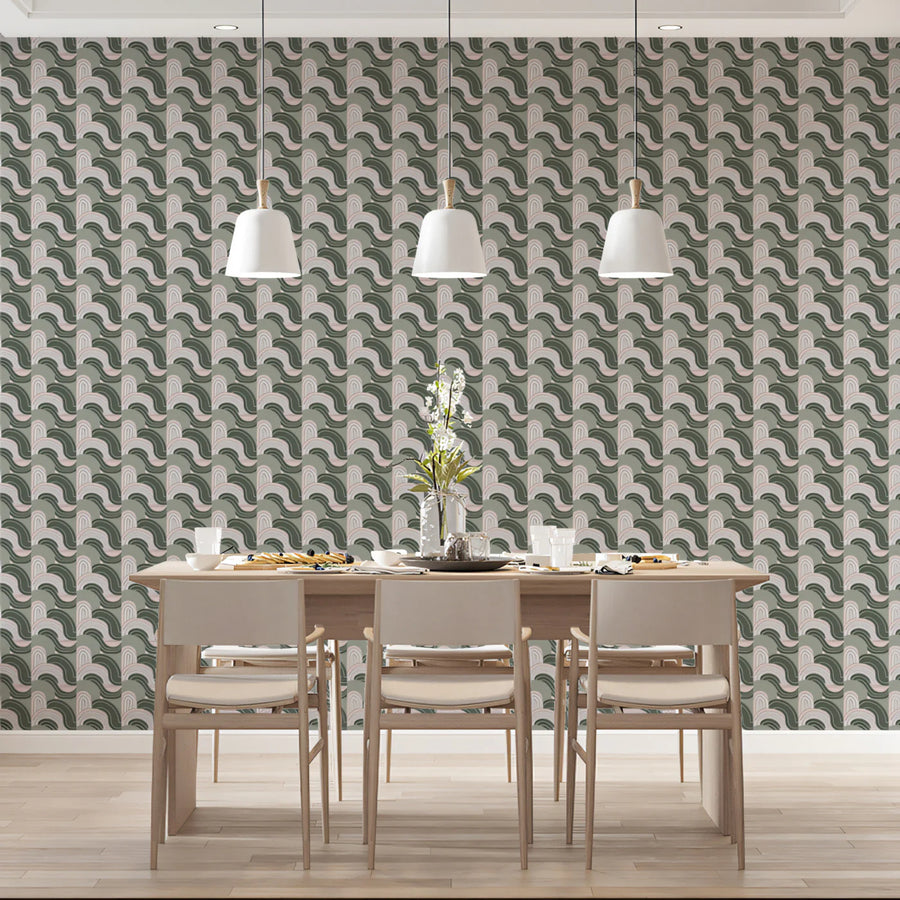 Interlocking Crescent Mural Wallpaper — Sage and Blush Geometric Mural Wallpaper