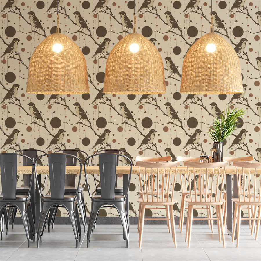 Rustic Bird & Geometric Circle Mural Wallpaper